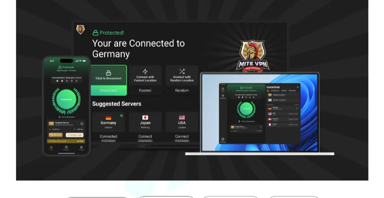 Mite VPN app on phone, laptop and TV